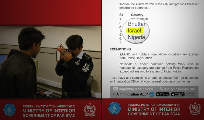 On the FIA website, Israel is now listed as one of seven countries whose citizens would need to undergo special police registration if they visited Pakistan. The other countries are India, Bangladesh, Bhutan, Nigeria, Somalia and Palestine.