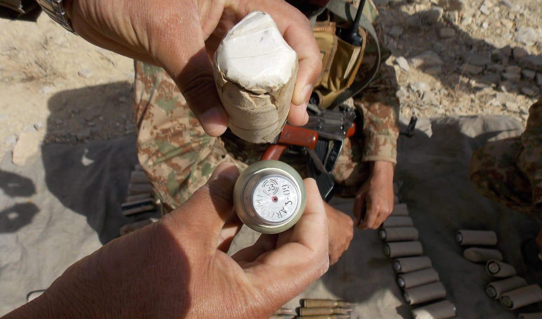 IEDs (Improvised Explosive Devices), grenades and mines were recovered from suspected terrorist hideouts. (Photo courtesy: ISPR)
