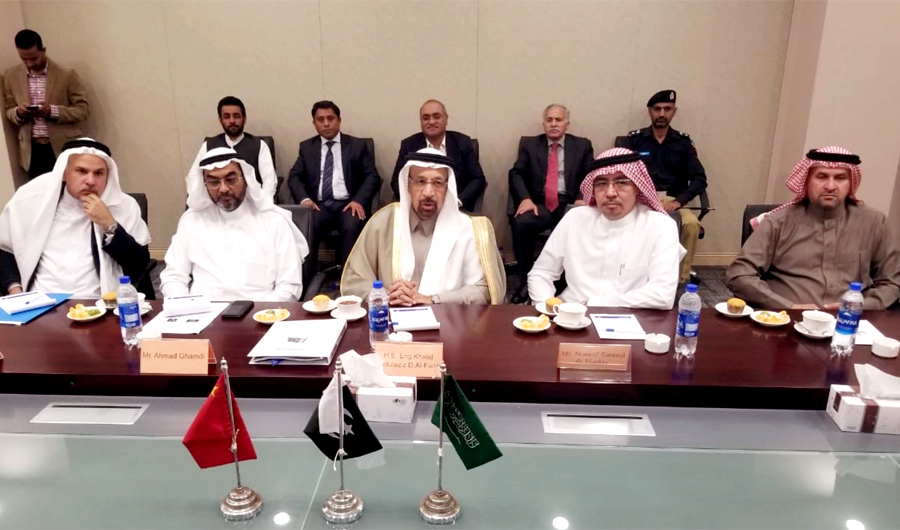 Saudi delegation led by Energy Minister Khalid Al-Falih discuss prospects of oil refinery and development of Gwadar port with their Pakistani counterparts in a meeting held in Gwadar on Saturday, Jan. 12, 2019. (Saudi embassy in Pakistan-Twitter account)