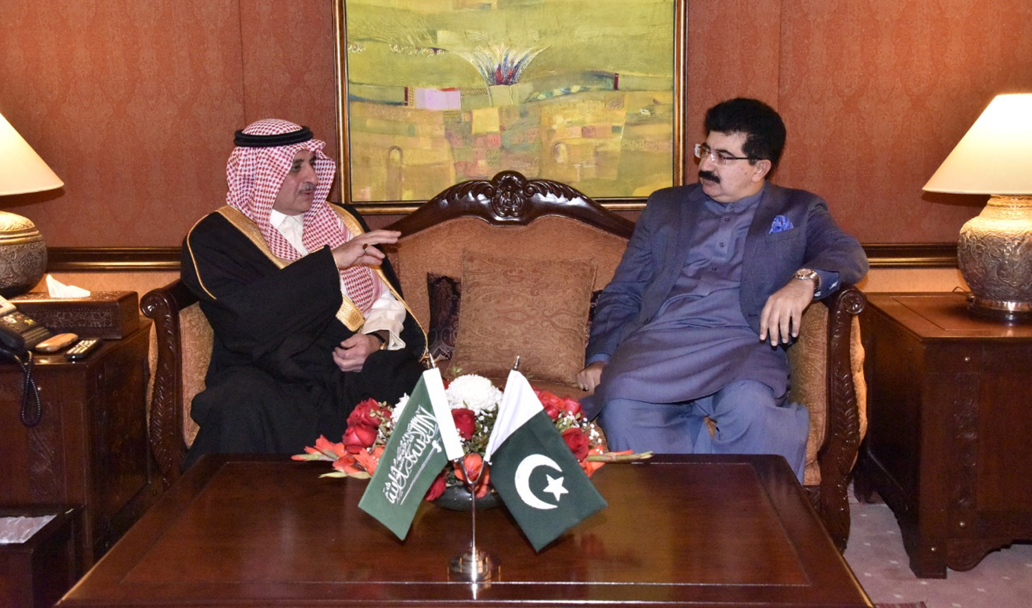 Chairman Senate Muhammad Sadiq Sanjrani held meeting with Prince Fahad Bin Sultan Bin Abdul Aziz Governor of Tabuk in Islamabad. (Photo courtesy: Chairman Senate Office)