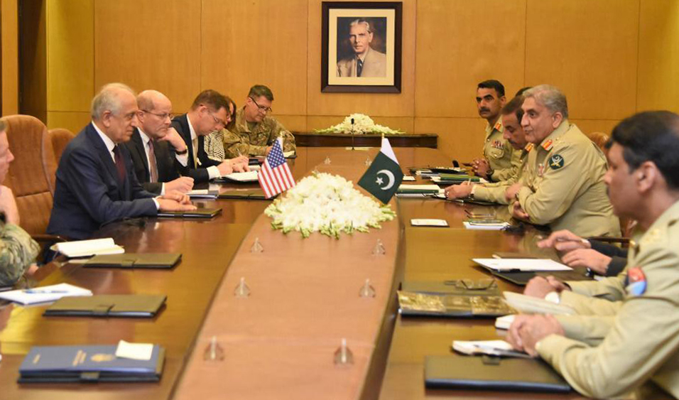 A US delegation, led by special representative Zalmay Khalilzad, met Pakistan's military chief in Rawalpindi on Thursday. The two sides discussed the regional security environment and measures for Afghan peace and reconciliation. (Photo courtesy: ISPR)