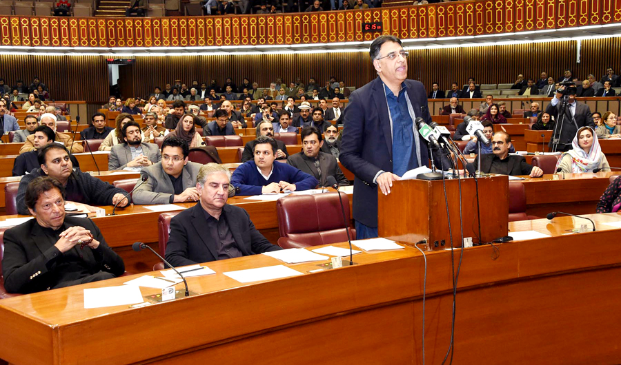 Federal Minister for Finance, Revenue and Economic Affairs Asad Umar is addressing the National Assembly of Pakistan on Wednesday. (Photo credit: PID)