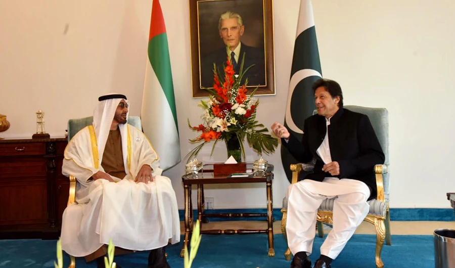 Prime Minister Imran Khan with the Crown Prince of Abu Dhabi and Deputy Supreme Commander of the United Arab Emirates (UAE) Armed Forces, Sheikh Mohammed bin Zayed Al Nahyan, who arrived in Islamabad for an official visit on Sunday. (Photo courtesy: APP)