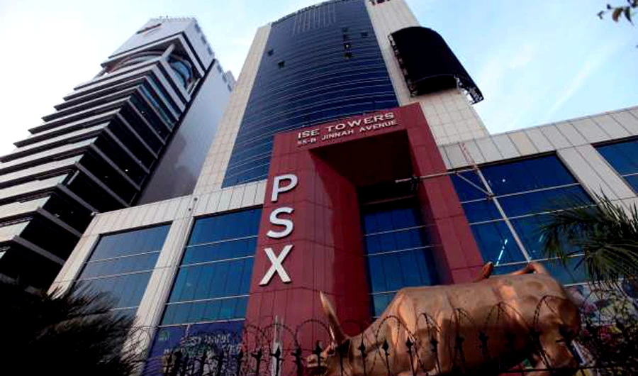 The logo of Pakistan Stock Exchange (PSX) is seen at its headquarters in Islamabad. (Reuters/File)