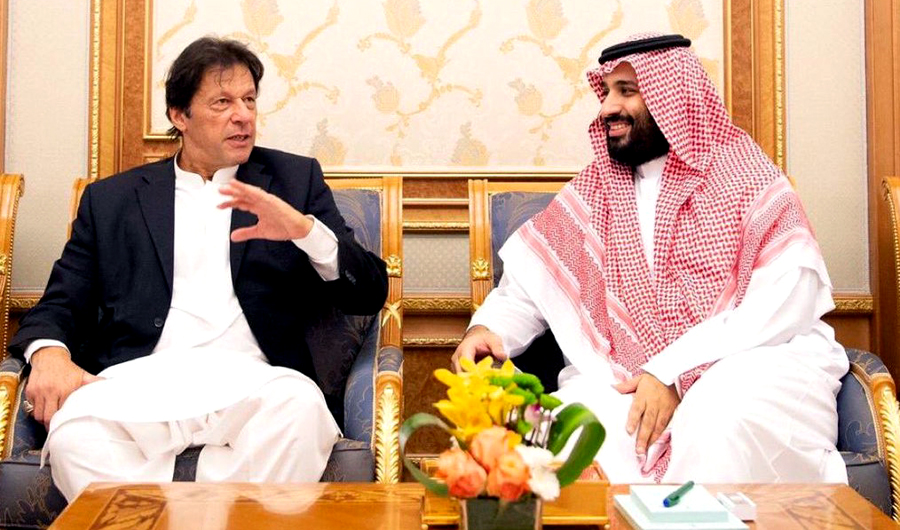 Pakistani Prime Minister Imran Khan with Saudi Crown Prince Mohammed bin Salman in October 2018, during his visit to Saudi Arabia. (Saudi Embassy in Islamabad/File)