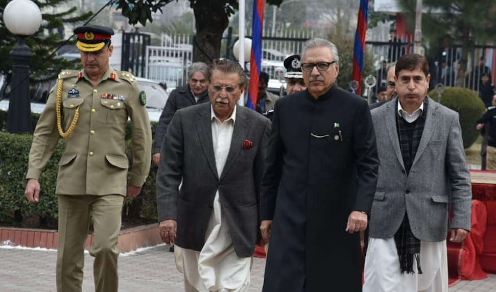 President Arif Alvi, second right, visited Muzaffarabad, the capital city of Pakistani Kashmir, on Tuesday morning, and addressed the special session of Azad Jammu and Kashmir Legislative Assembly. (Photo courtesy: Office of Prime Minister of Pakistani Kashmir)