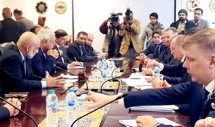 Vitaly Markelov, Deputy Chairman of the Gazprom Management Committee, and Federal Minister for Petroleum Division, Ghulam Sarwar Khan, during a meeting in Islamabad on Wednesday. (Photo courtesy: Ministry of Petroleum)