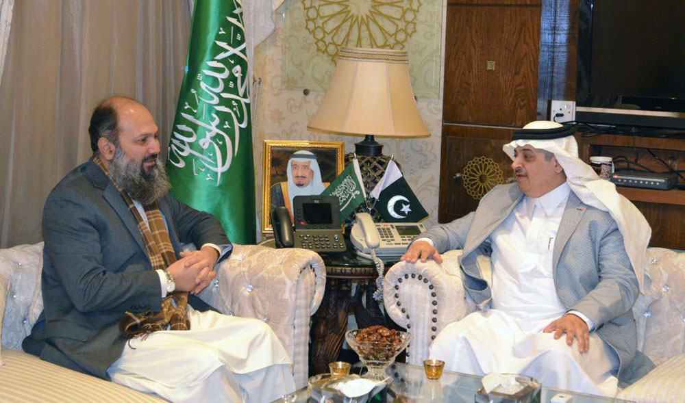 Chief Minister Balochistan, Jam Kamal Khan, left, met with Saudi ambassador Nawaf bin Said Al-Malki in Islamabad and discussed matters related to bilateral ties. (Photo courtesy: Saudi Embassy in Islamabad)