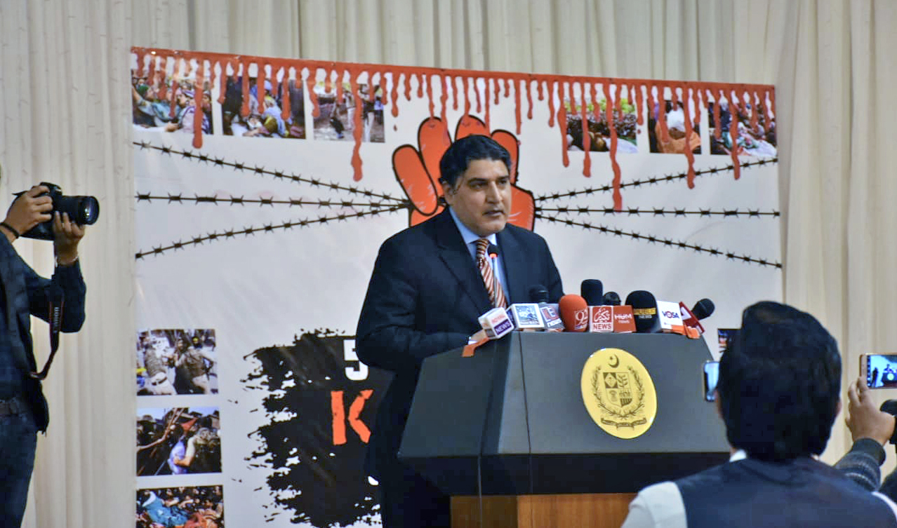 Ambassador of Pakistan Raja Ali Ejaz addressing the event regarding ‘Kashmir Solidarity Day.’ (Photo courtesy: Pakistan Embassy in Riyadh)