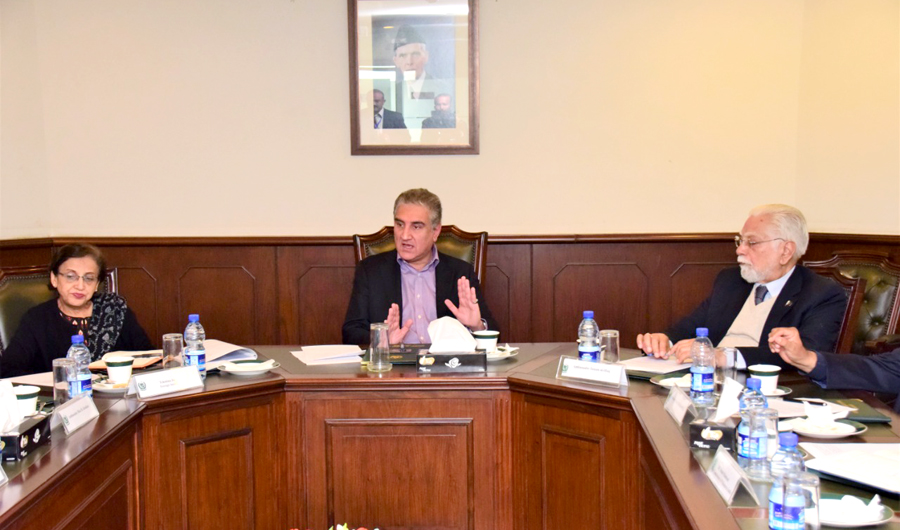 Foreign Minister Shah Mahmood Qureshi on Sunday chaired a meeting of former foreign secretaries and ambassadors at the Foreign Office to discuss the situation arising after Pulwama attack in Indian-administered Kashmir. (Foreign Office)