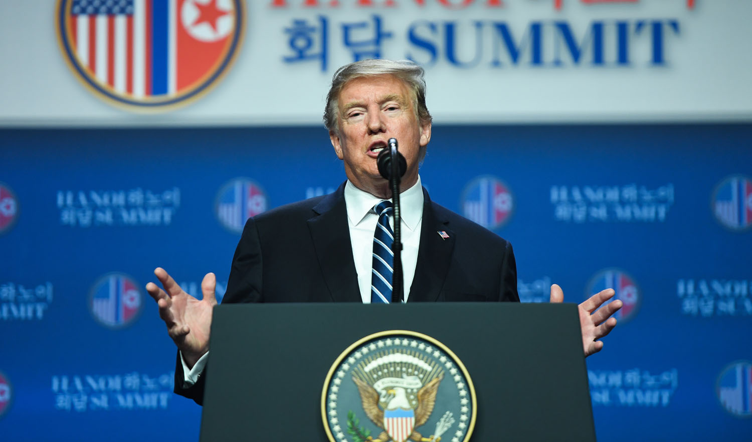 US President Donald Trump speaks during a press conference following the second US-North Korea summit in Hanoi on Feb. 28, 2019. (AFP)