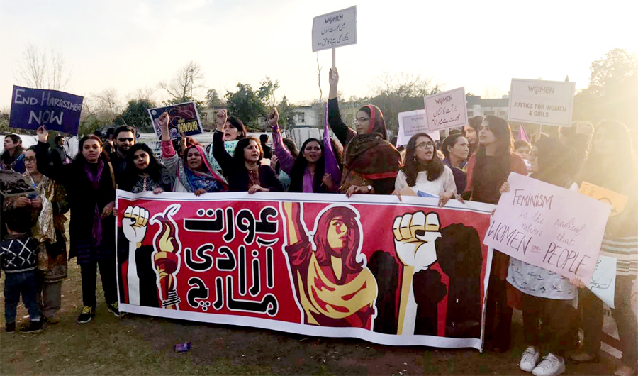 Participants seen at Aurat March, a series of protests held around the country to mark International Women's Day in which rights campaigners, activists, politicians and thousands of women from all walks of life came together to draw attention to women’s issues and gender inequality, Islamabad, Match 8, 2018. (AN Photo)