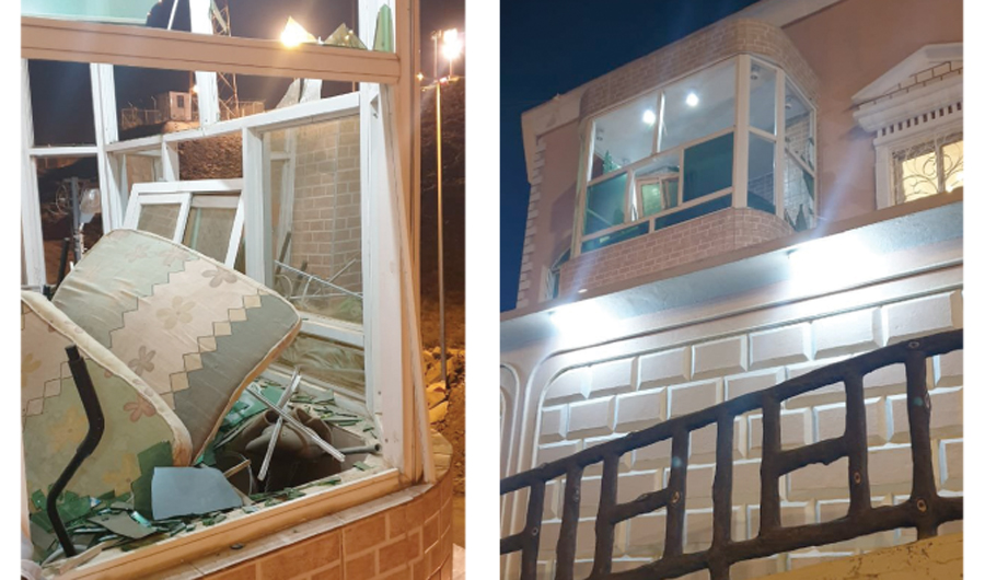 A composite image for the damage on a building caused by falling debris from a Houthi drone that was shot down by Saudi Air Defense Forces over the city of Abha on Friday 08 March 2019. (SPA)
