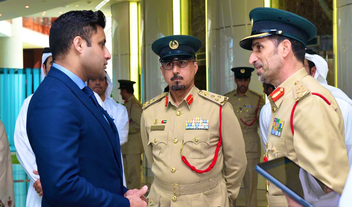 Prime Minister Imran Khan’s Special Assistant for Overseas Pakistanis, Zulfikar Abbas Bukhari, visits Dubai Police headquarters in the UAE in January 2019. (Photo Courtesy: Zulfikar Abbas Bukhari twitter)