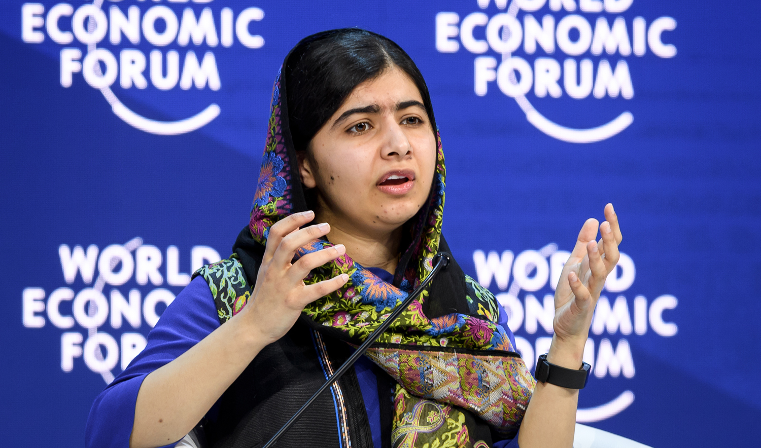In this file photo, Pakistani Nobel Peace Prize Malala Yousafzai gestures while talking during a session at the Economic Forum (WEF) annual meeting in Davos, eastern Switzerland on Jan. 25, 2018. (AFP)