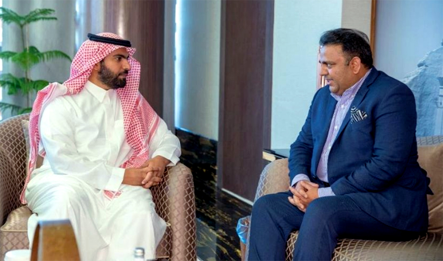 Pakistan’s Minister for Information and Broadcasting Fawad Hussain Chaudhry with HRH Prince Bader AlSaud the Minister of Culture in Saudi Arabia in Riyadh on March 28, 2019. (SPA)