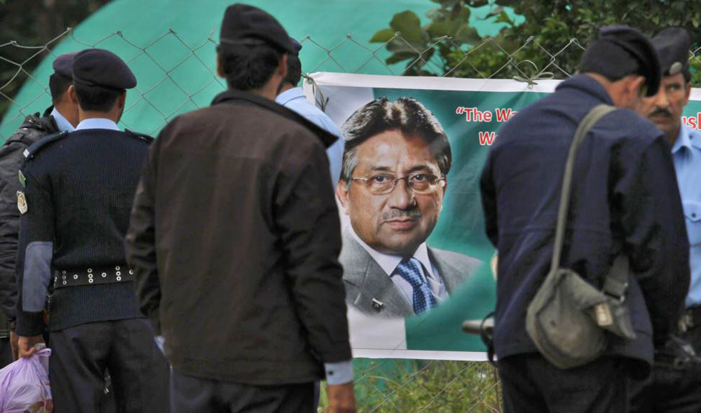 This file photo shows Pakistani Police outside former Pakistani president Pervez Musharraf’s house in Islamabad. On Monday April 01, 2019, Supreme Court Chief Justice Asif Saeed Khosa said that Musharraf would lose his right of defense in a treason case against him if he did not appear before a special court on May 2, 2019. (AP/File)