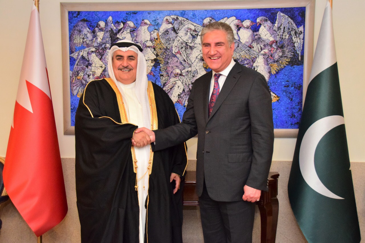 Foreign Minister of Bahrain Khalid bin Ahmed Al Khalifa met his Pakistani counterpart Shah Mehmood Qureshi in Islamabad on Monday and signed memoranda of understanding to prevent the twin problems of double taxation and tax evasion. (Courtesy Foreign Office of Pakistan)