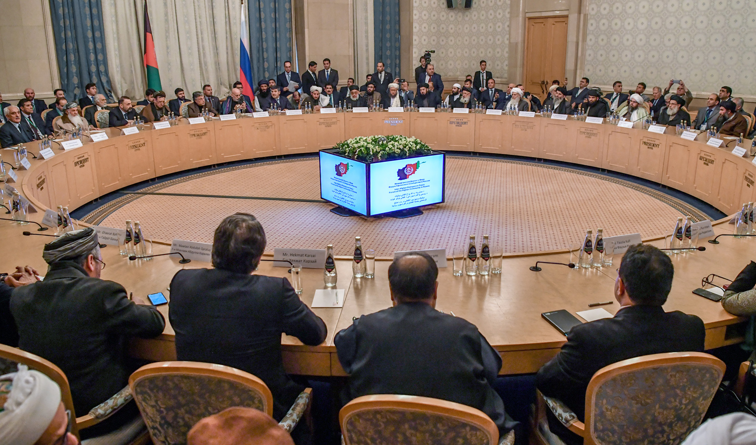 In this file photo, participants attend the opening of the two-day talks of the Taliban and Afghan opposition representatives at the President Hotel in Moscow on Feb. 5, 2019. (AFP)