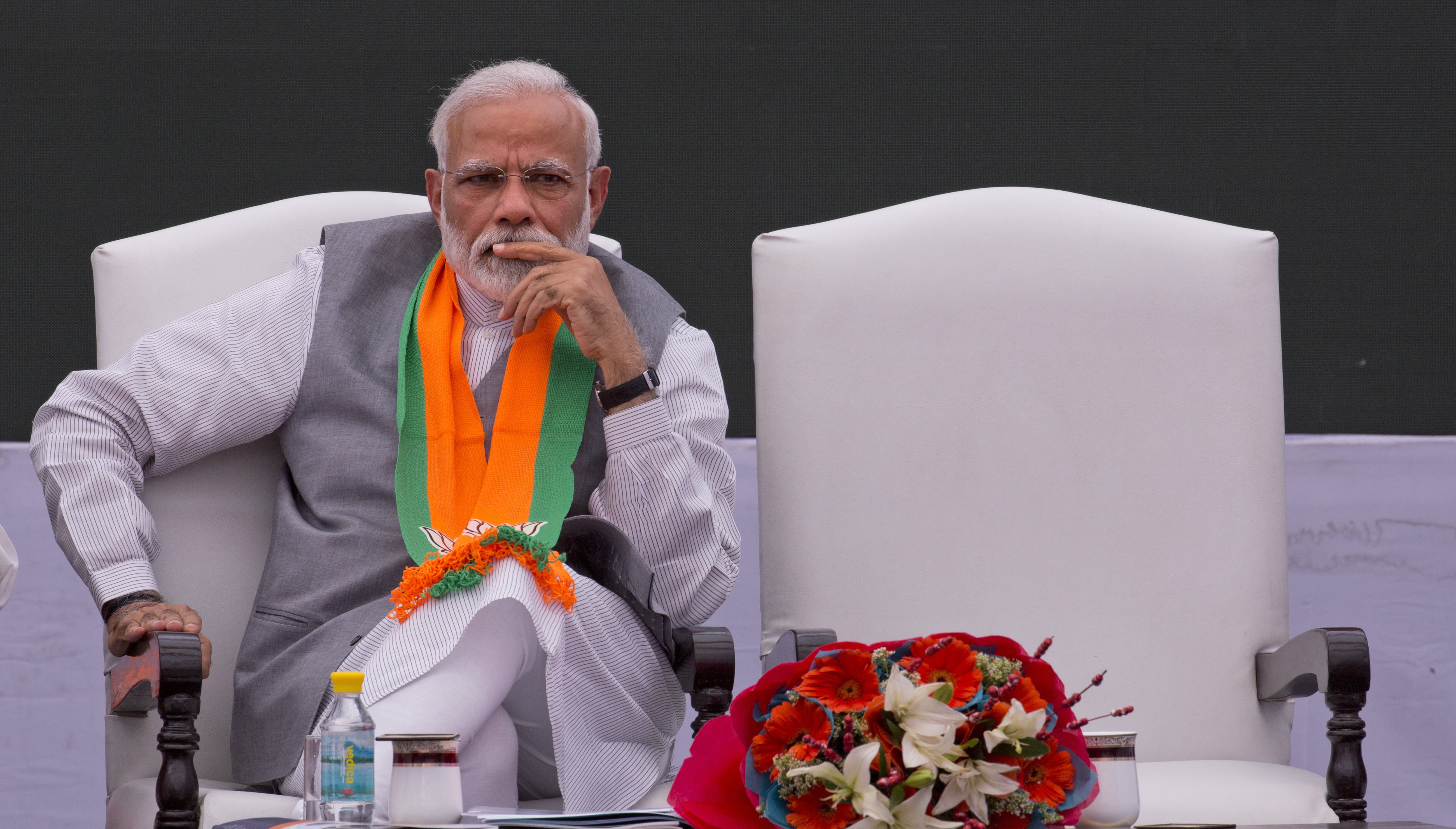In this Monday, April 8, 2019, photo, India’s Prime Minister Narendra Modi releases Bharatiya Janata Party or BJP’s manifesto for the upcoming general elections in New Delhi, India. (AP)