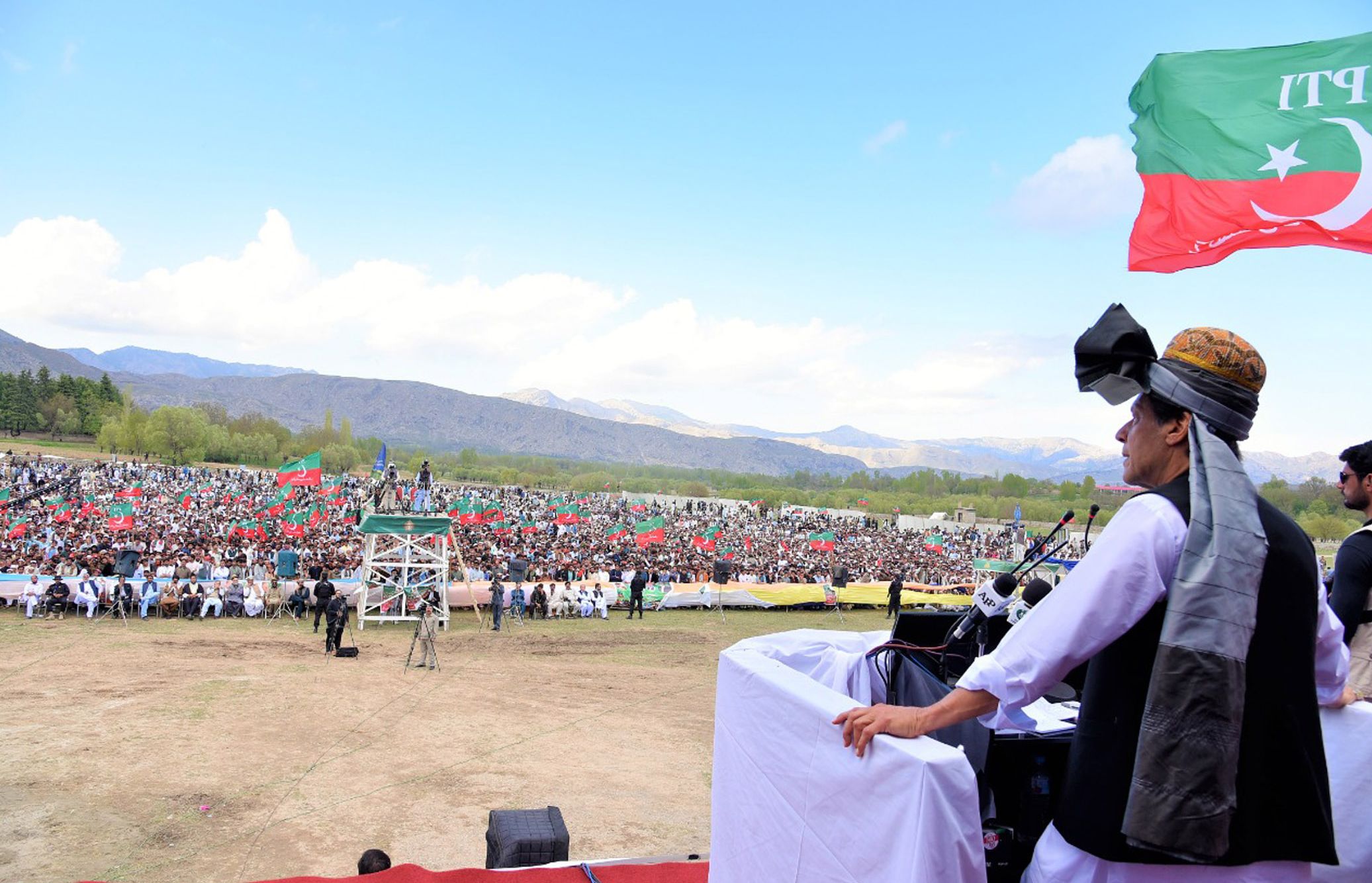 Prime Minister Imran Khan speaking at a public gathering in Orakzai tribal district on Friday, April 19, 2019. (PID)