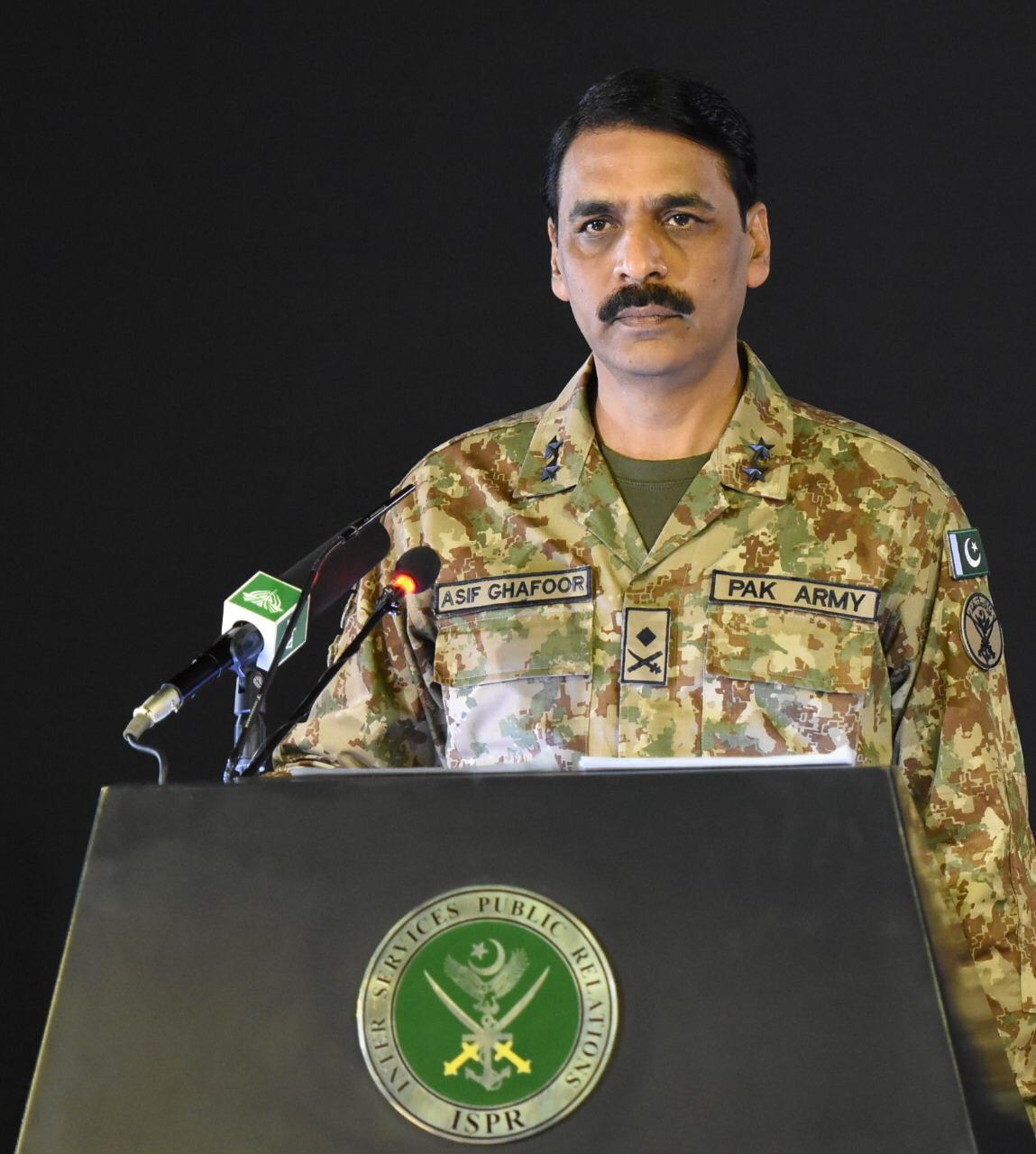 Director General Inter-Services Public Relations Major General Asif Ghafoor is addressing a news conference in Rawalpindi on Monday. (Photo Courtesy: ISPR)