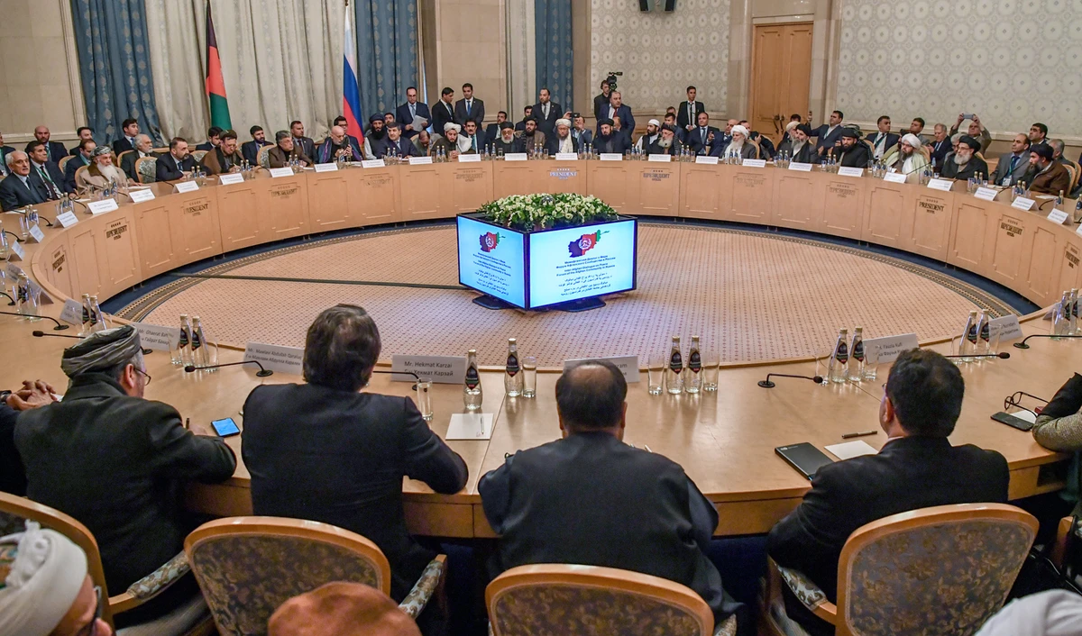 In this file photo, participants attend the opening of the two-day talks of the Taliban and Afghan opposition representatives at the President Hotel in Moscow on Feb. 5, 2019. (AFP)