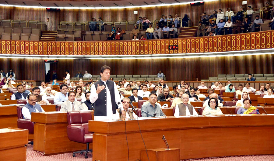 Prime Minister Imran Khan speaking at the National Assembly in Islamabad, May 13, 2019. (Credit: PID)