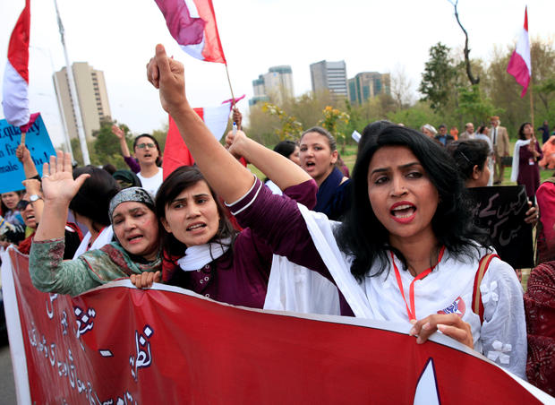 In this March 8, 2018 file photo, demonstrators hold banners and shout slogans during a rally to mark International Women's Day in Islamabad. According to Pakistan's local media, a man allegedly killed his daughter for not waking him up for sehri. The incident was a grim reminder of a Thomson Reuters Foundation poll conducted last year that found Pakistan to be the sixth most dangerous country for women. (Reuters)