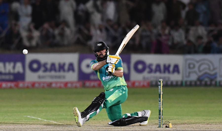 Former skipper of Pakistan’s national cricket team, Misbah-ul-Haq, hits the ball oduring a match between Osama Builders and Omar Associates in a Ramadan tournament on Wednesday, May 15, 2019 (AN Photo by Shakil Adil)