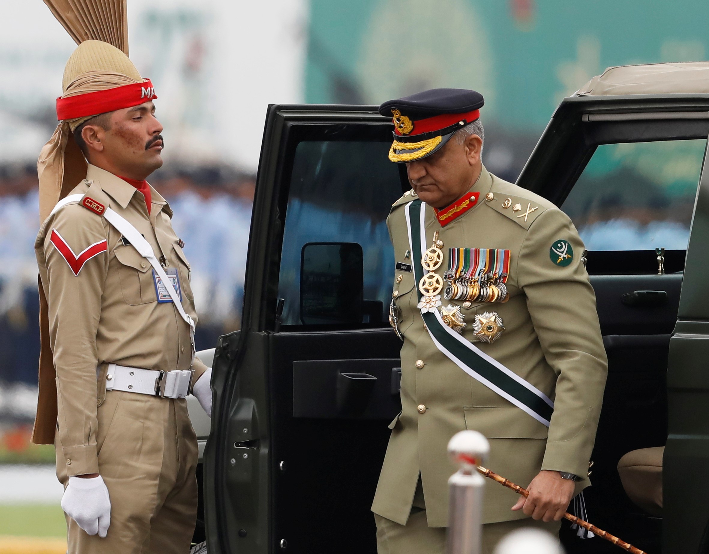 In this March 23, 2019 file photo, Pakistan’s Army Chief General Qamar Javed Bajwa arrives to attend the Pakistan Day military parade in Islamabad. The Pakistan army sentenced a general to life imprisonment for spying and ordered the death penalty for a brigadier and a civilian officer convicted in the same case, a military statement announced on Thursday. (Reuters)