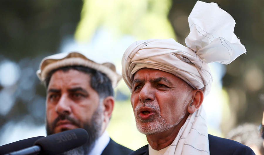 Afghanistan’s President Ashraf Ghani, right, speaks during the Eid Al-Fitr at the presidential palace in Kabul, Afghanistan, Tuesday, June. 4, 2019. Eid Al-Fitr prayer marks the end of the holy fasting month of Ramadan in Afghanistan. (AP)