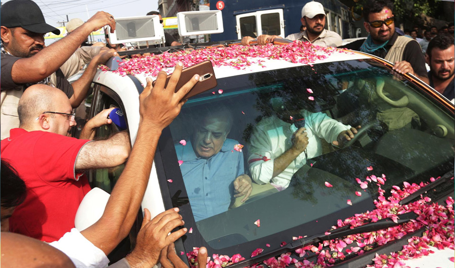 Shahbaz Sharif, brother of Pakistani former prime minister Nawaz Sharif, leaves for the airport in Lahore, Pakistan, on Friday, July 13, 2018. (AP/ File photo)