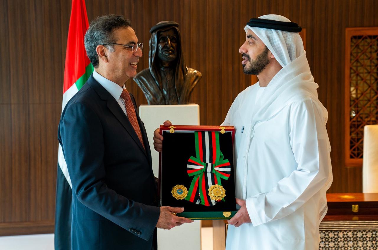 UAE Minister of Foreign Affairs and International Cooperation Sheikh Abdullah Bin Zayed Al Nahyan presents the Order of Independence to Pakistan's ambassador to the United Arab Emirates Moazzam Ahmad Khan at a ceremony held at the foreign ministry's in Abu Dhabi on June 10, 2019. (Photos Courtesy Ministry of Foreign Affairs, Abu Dhabi)