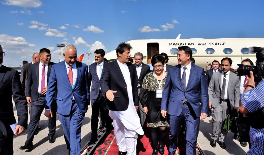 Pakistani Prime Minister Imran Khan arrives in Bishkek, the capital of Kyrgyzstan, to attend the 19th meeting of the Council of the Heads of State of the Shanghai Cooperation Organization (SCO) on June 13, 2019 – (Photo PM Office)