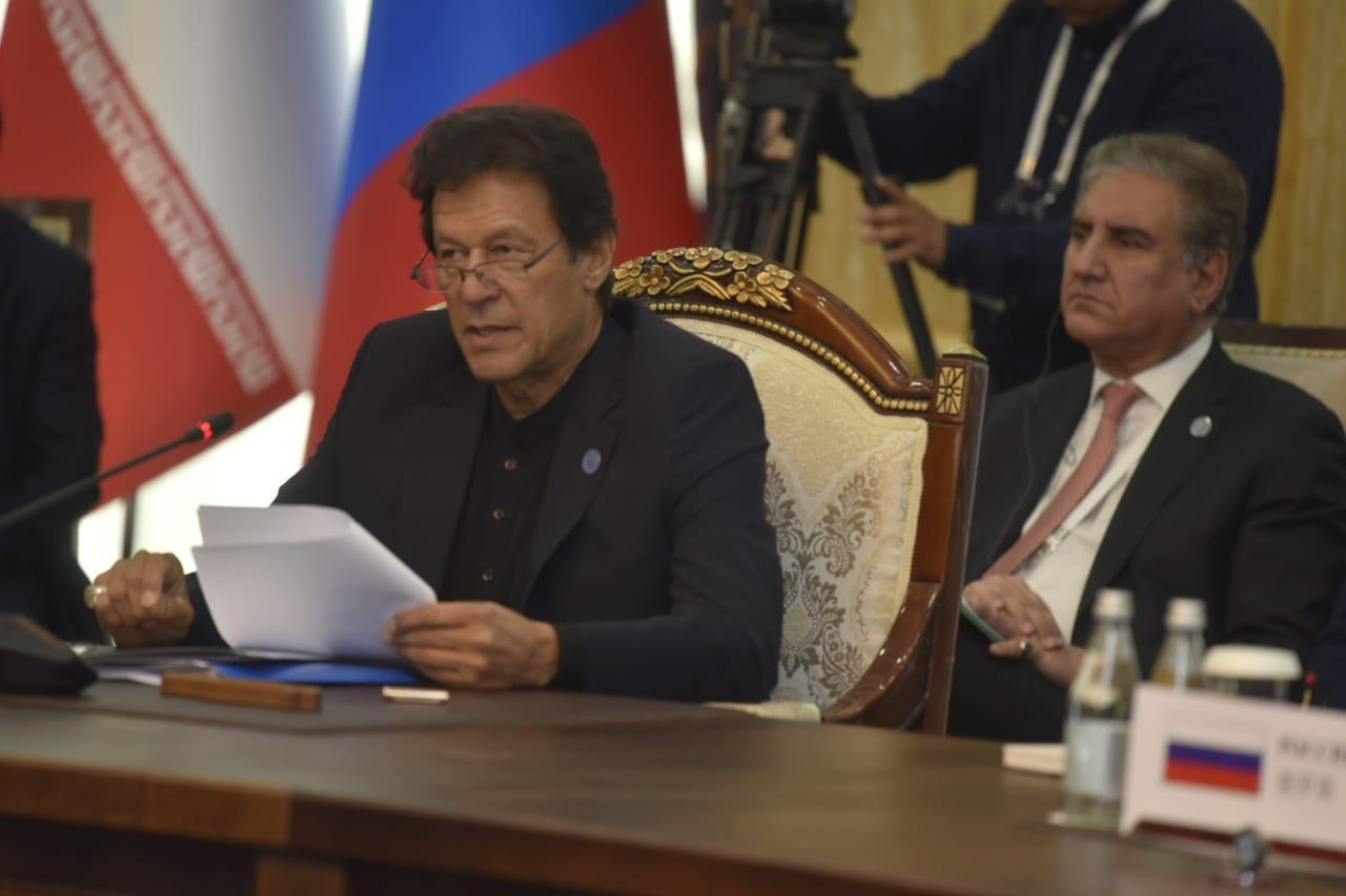 Prime Minister Imran Khan addresses the Shanghai Cooperation Organization’s 19th Council of the Heads of State on Friday, June 14, 2019. (Pakistan foreign office)