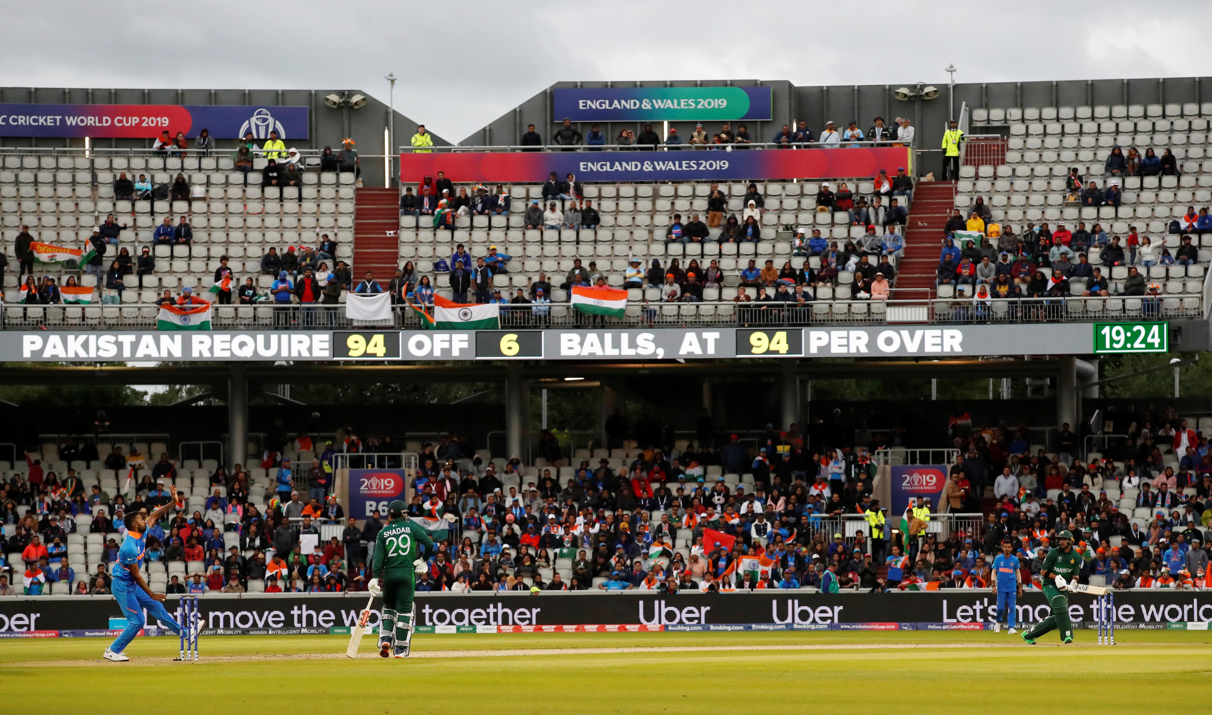 This picture captures the last moments of India-Pakistan ICC Cricket World Cup match at Old Trafford, Manchester, Britain on June 16, 2019. (Reuters)