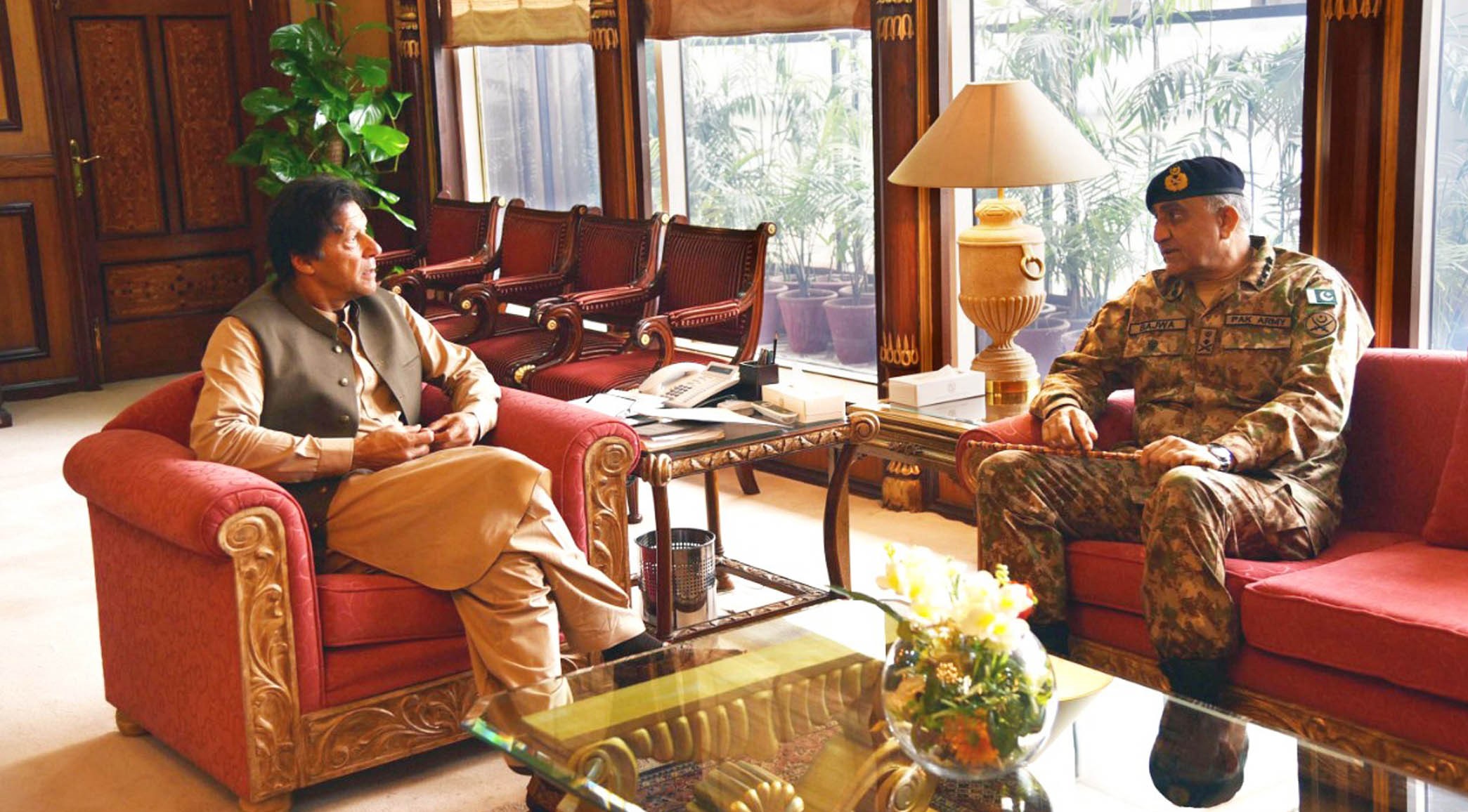 In this file photo, Prime Minister Imran Khan meets with Chief of Army Staff General Qamar Javed Bajwa at PM Office in Islamabad April 4, 2019. (PID)