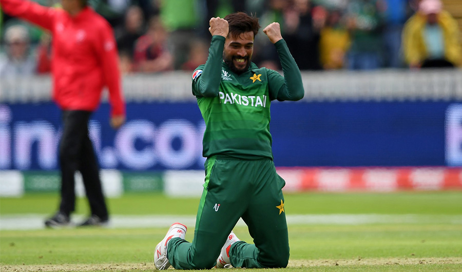 Pakistan’s fast bowler Mohammad Amir celebrates his five-wicket against Australia at a World Cup match in Taunton, England on June 12, 2019 (Getty Images)