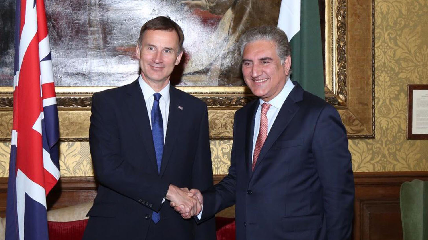 Foreign Minister Shah Mahmood Qureshi met with British Foreign Secretary Jeremy Hunt and reviewed 4th Pakistan-UK enhanced strategic Dialogue (ESD) at the Foreign and Commonwealth Office on June 19, 2019. (PID)