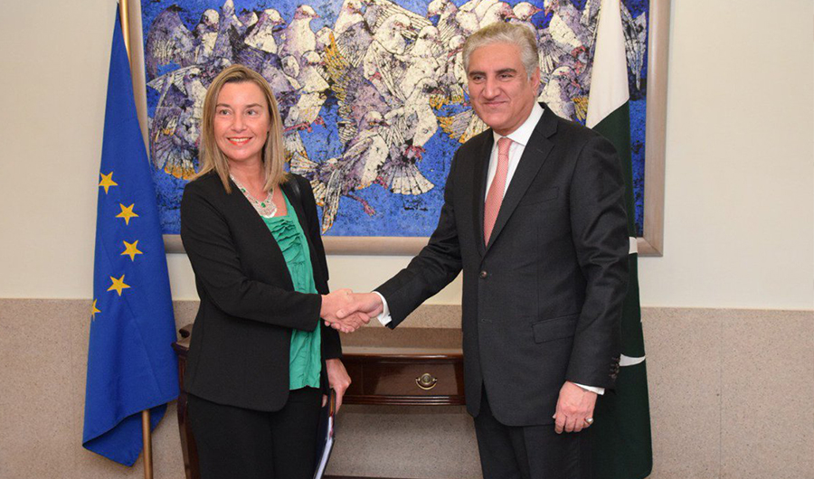 Pakistan Foreign Minister Shah Mehmood Qureshi welcomes the EU's foreign policy chief Federica Mogherini at the Pakistan Foreign Office during her visit on March 25, 2019. (Photo Courtesy: FM Qureshi/Twitter)