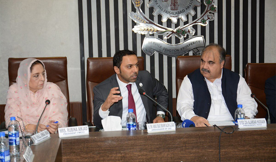 UAE ambassador to Pakistan, Hamad Obaid Alzaabi (center) is seen here interacting with businessmen at the Faisalabad Chamber of Commerce and Industry in Punjab, Pakistan on Tuesday. – (Photo Courtesy UAE Embassy)