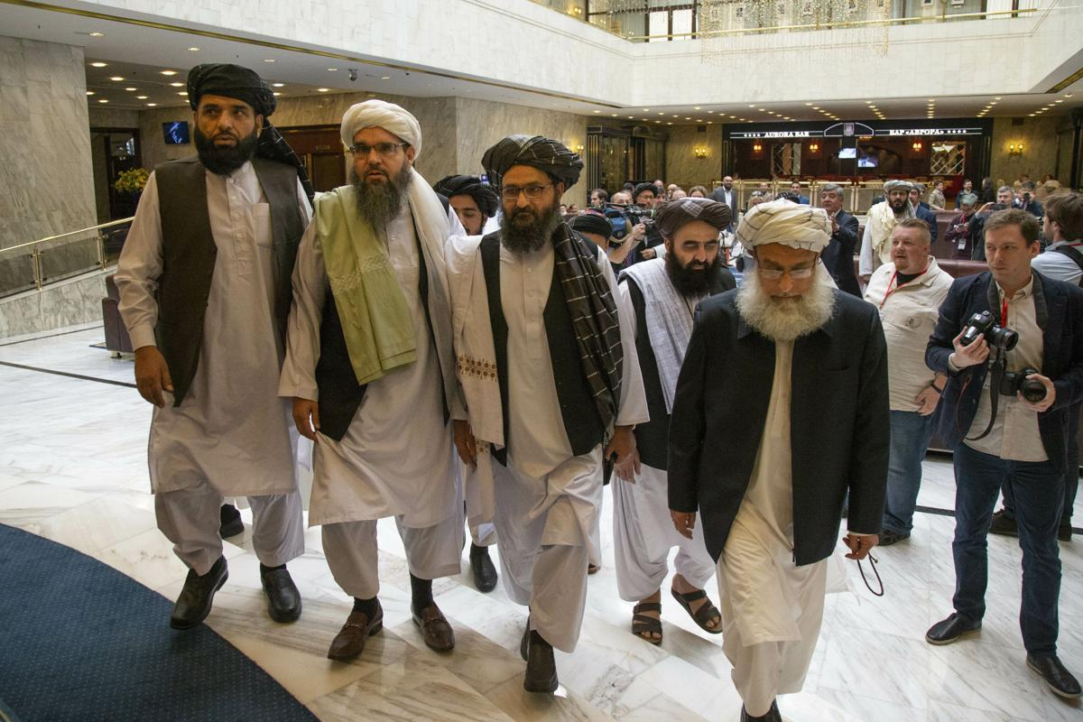 Taliban delegation arrives for talks in Moscow, Russia on May 28, 2019 (AP)
