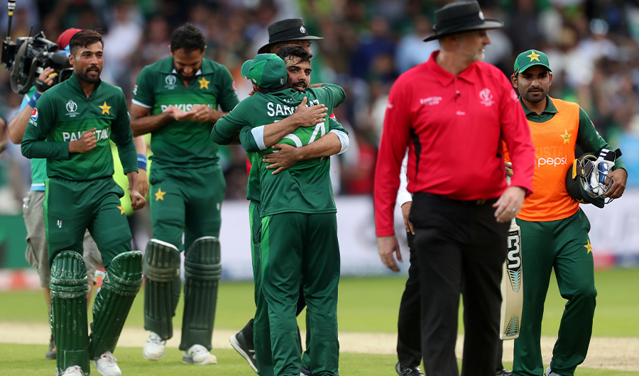 Pakistan’s Sarfaraz Ahmed and team mates celebrate winning the match against Afghanistan at Headingley, Leeds, Britain on June 29, 2019 (Reuters)