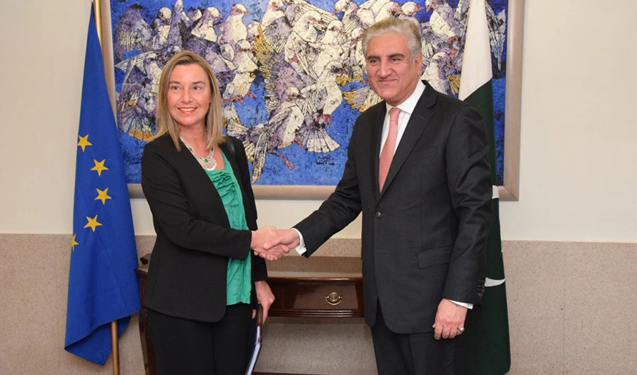 Pakistan Foreign Minister Shah Mehmood Qureshi welcomes the EU's foreign policy chief Federica Mogherini at the Pakistan Foreign Office during her visit on March 25, 2019. (Photo Courtesy: FM Qureshi/Twitter)
