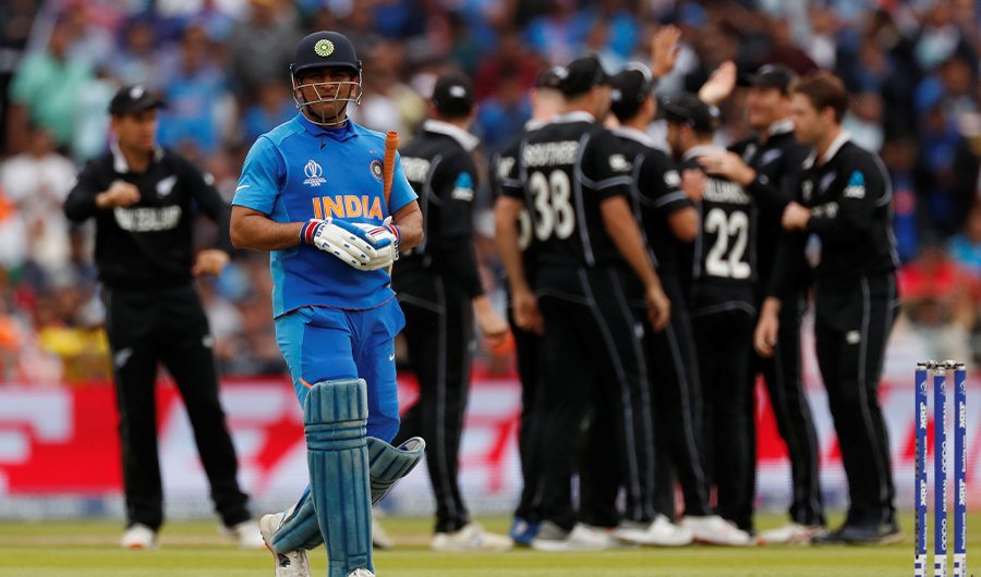 India's MS Dhoni reacts after losing his wicket in ICC Cricket World Cup Semi Final - India v New Zealand - Old Trafford, Manchester, Britain on July 10, 2019 (Reuters)