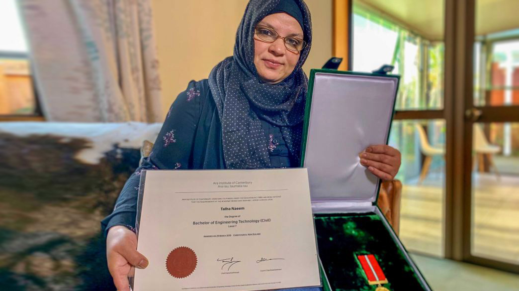 Ambreen Rashid lost her husband Mian Naeem Rashid, 50, and her son Talha during the twin mosque attacks in Christchurch earlier this year. Ambreen's husband was posthumously awarded Pakistan's bravery medal, while her son posthumously received his uni degree. (Photo courtesy: ABC News/Mazoe Ford)
