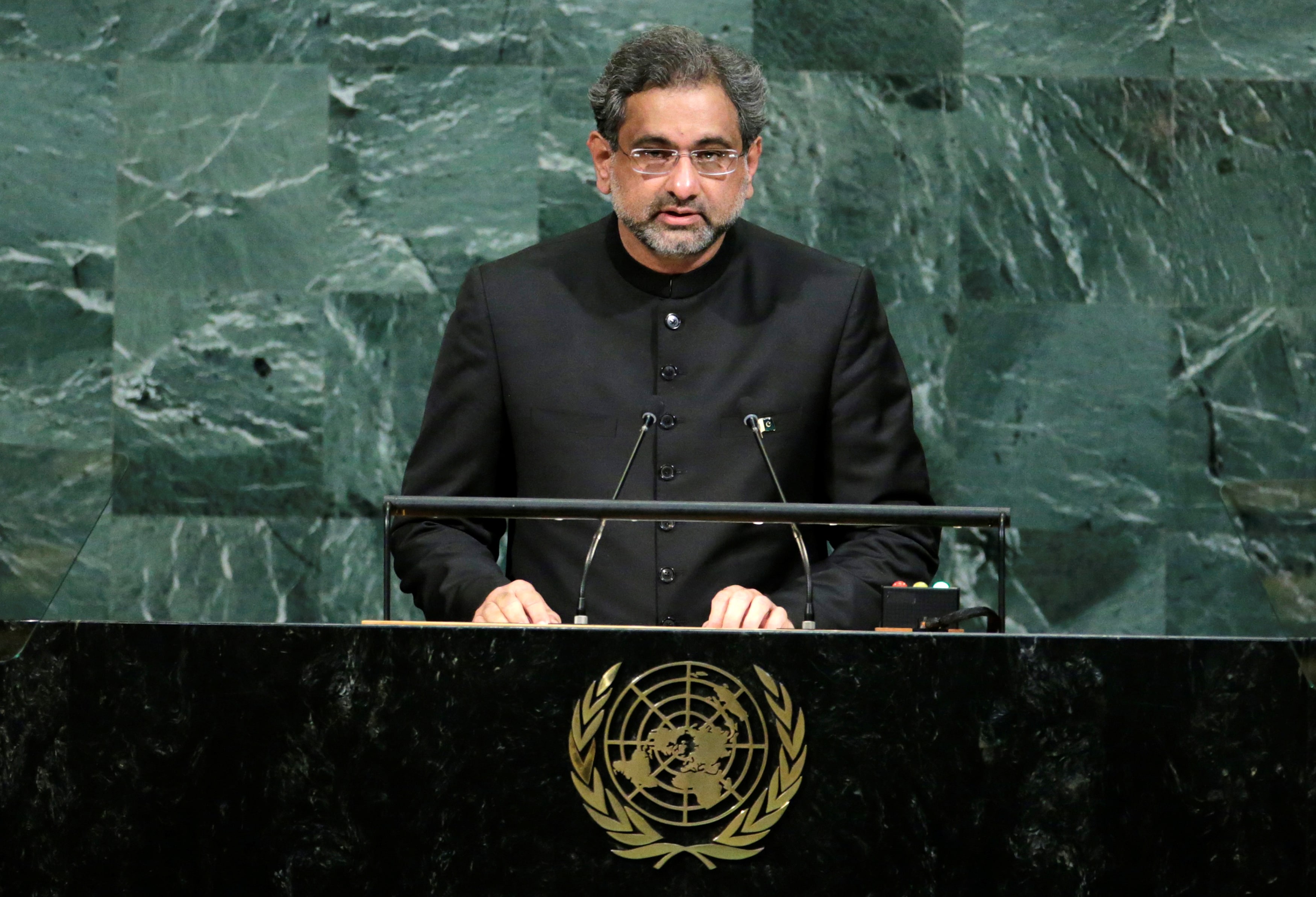 Pakistani Prime Minister Shahid Khaqan Abbasi addresses the 72nd United Nations General Assembly at UN headquarters in New York, US, September 21, 2017. (Reuters)