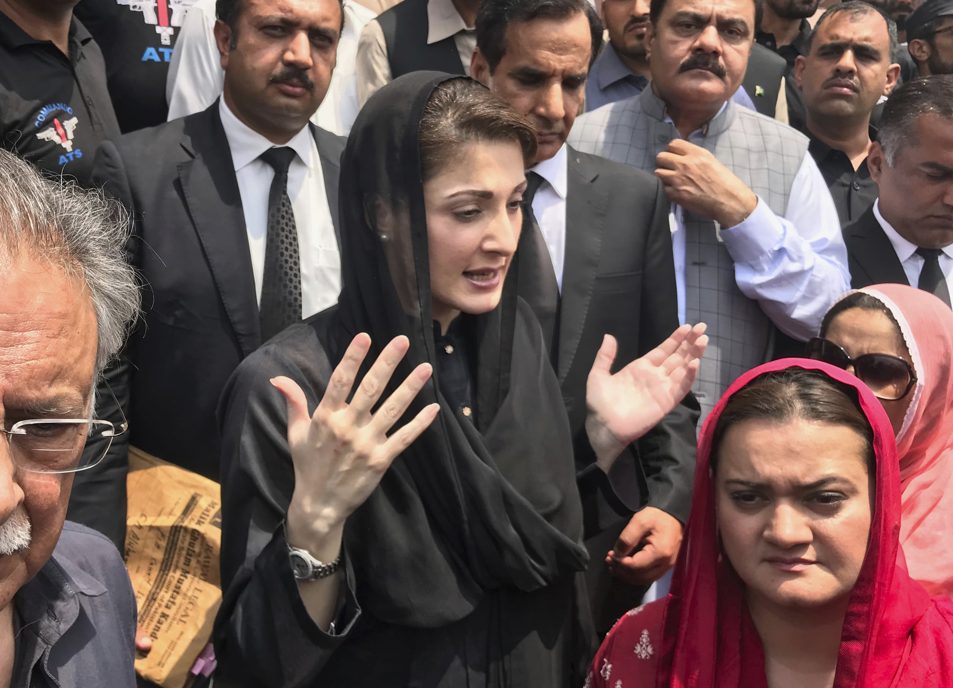 Maryam Nawaz, daughter of arrested former premier Nawaz Sharif, speaks to reporters outside an accountability court in Islamabad, Pakistan, Friday, July 19, 2019. Court summoned her for using a bogus trust deed in the Avenfield properties case. (AP)