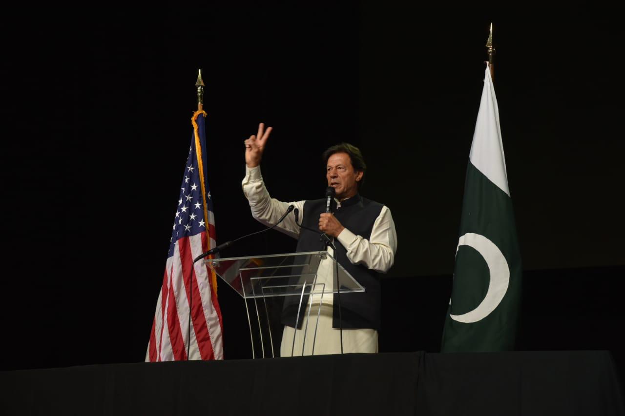 Prime Minister of Pakistan Imran Khan addresses Pakistani-Americans, at the Capital One Arena in Washington DC on Sunday, 21 July 2019. (Courtesy: Ministry of Foreign Affairs, Islamabad)